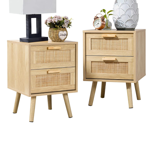 Boho Rattan Nightstand with 2 Woven Drawers | Natural Bedside Table