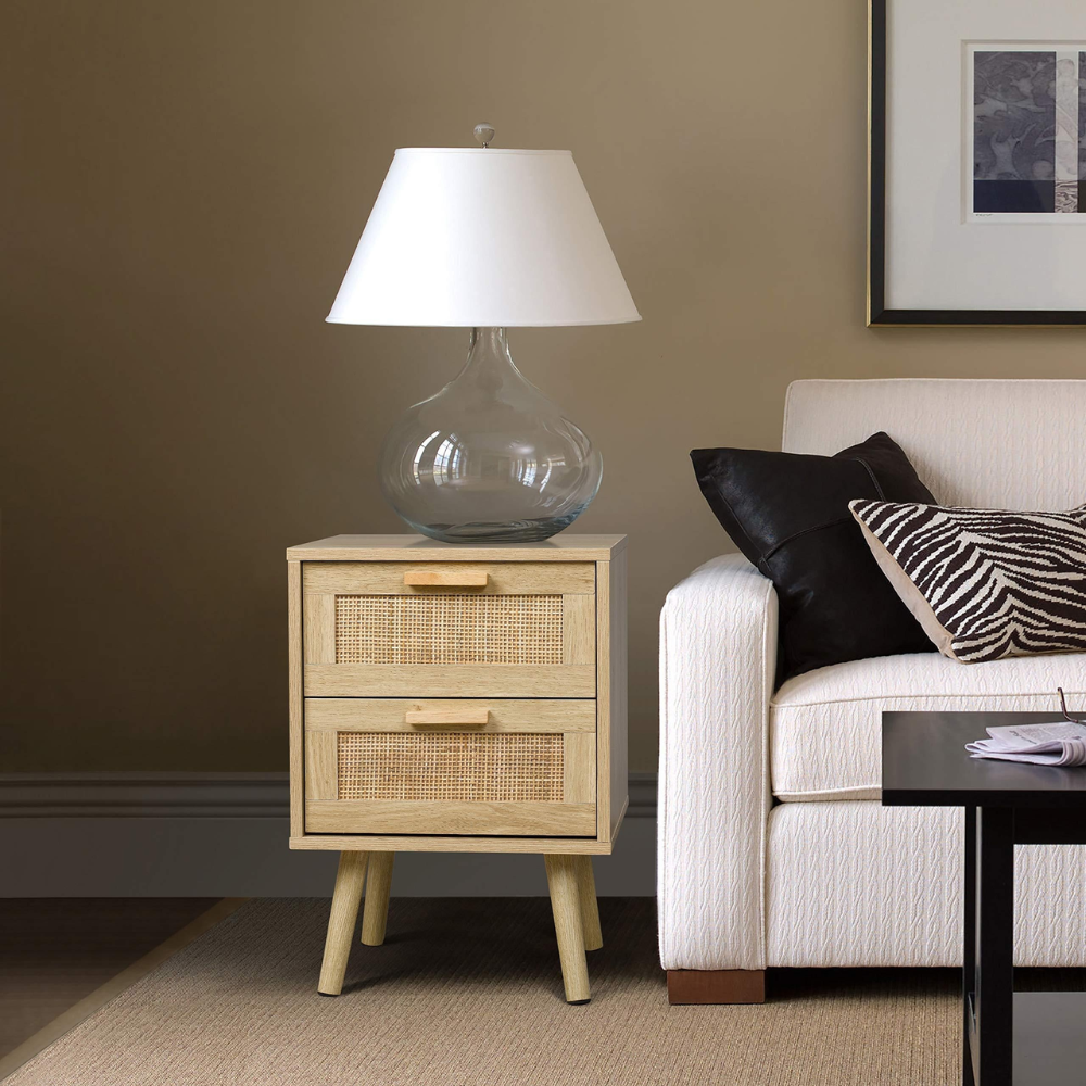 Boho Rattan Nightstand with 2 Woven Drawers | Natural Bedside Table