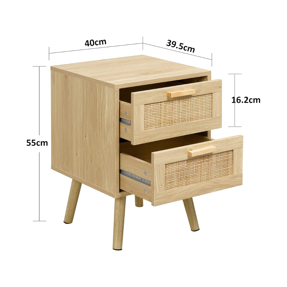 Boho Rattan Nightstand with 2 Woven Drawers | Natural Bedside Table
