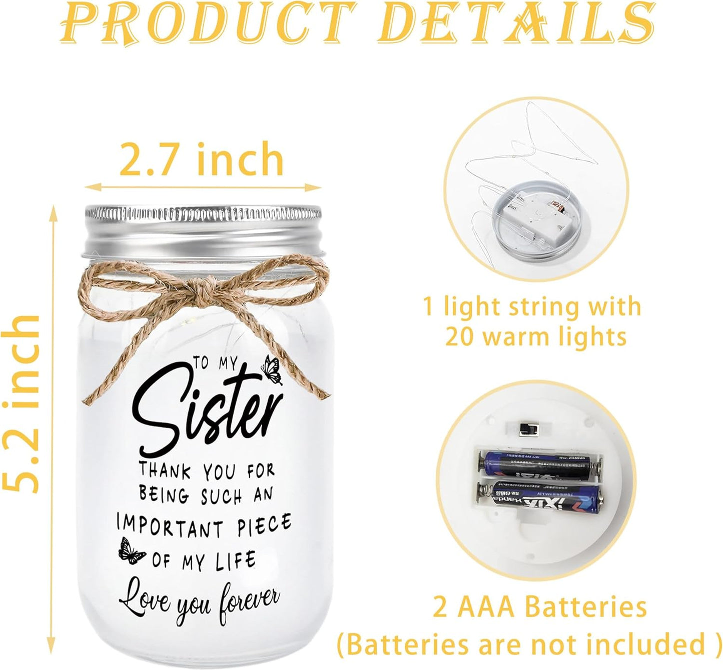 Sisters Gifts from Sister - Decorative Mason Jar with Warm Glow, Unique Gifts for Sister, Birthday Christmas Thanksgiving Day Gift for Best Sisters