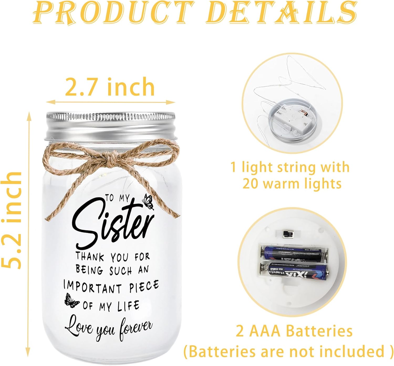 Sisters Gifts from Sister - Decorative Mason Jar with Warm Glow, Unique Gifts for Sister, Birthday Christmas Thanksgiving Day Gift for Best Sisters