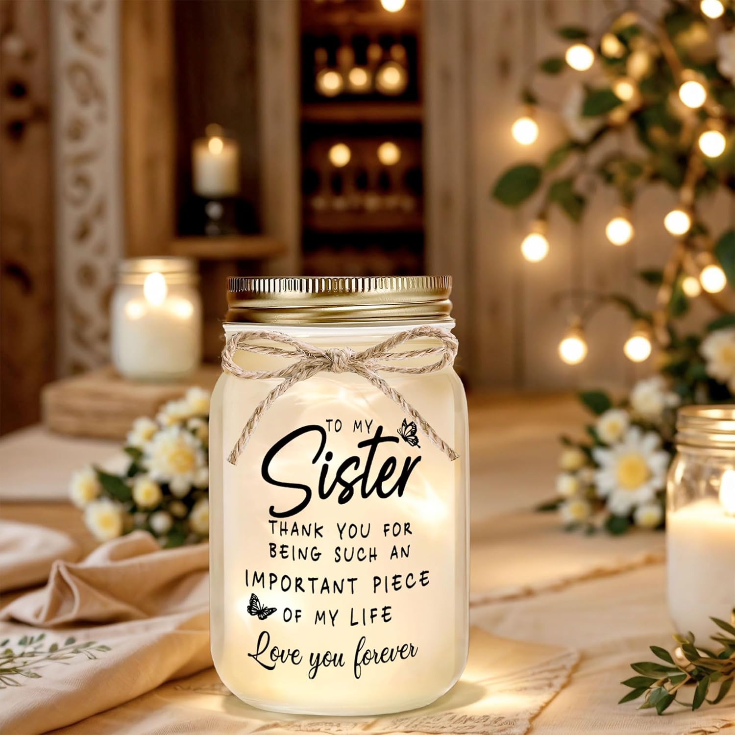 Sisters Gifts from Sister - Decorative Mason Jar with Warm Glow, Unique Gifts for Sister, Birthday Christmas Thanksgiving Day Gift for Best Sisters